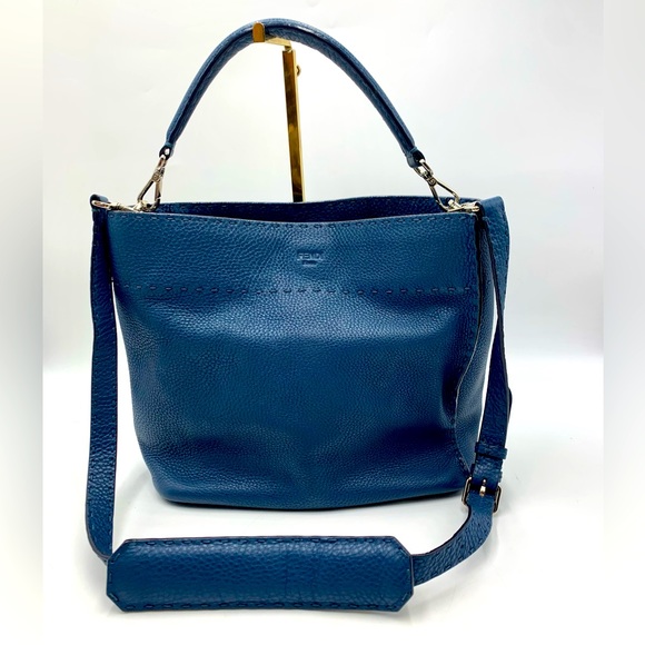 Auth Fendi Cuoio Romano Blue Selleria cLeather 2way Anna Bucket Bag Hobo Shopper - Picture 1 of 16